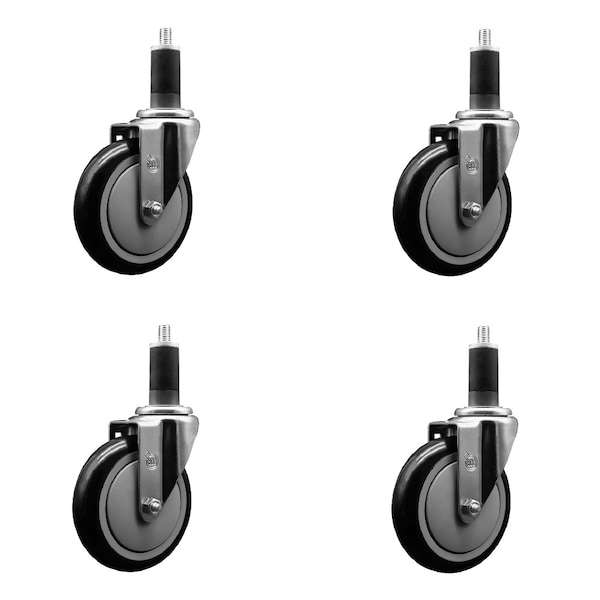 5'' SS Black Poly Wheel Swivel 1-1/4'' Expanding Stem Caster Set, 4PK